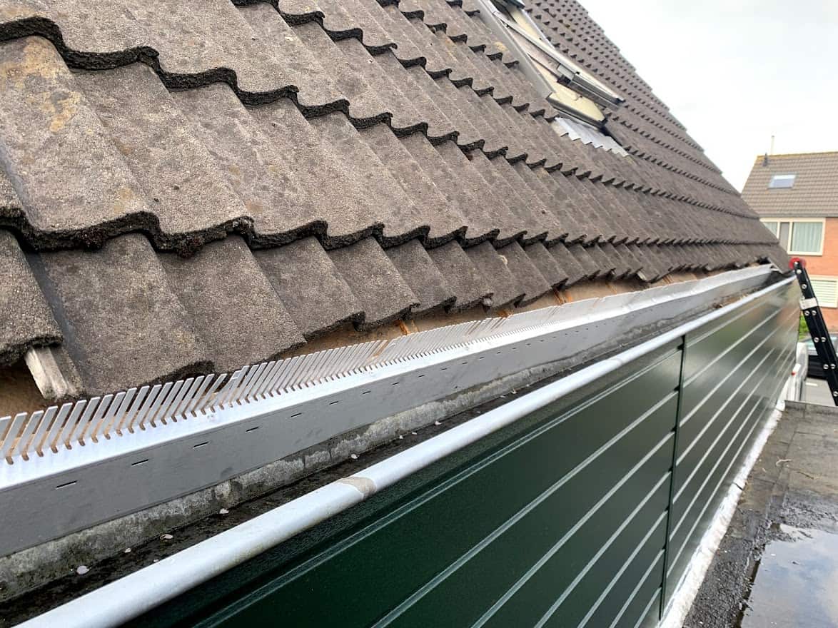Dakrand van een huis met vogelwering pinnen om te voorkomen dat vogels en steenmarters onder de dakpannen kruipen.